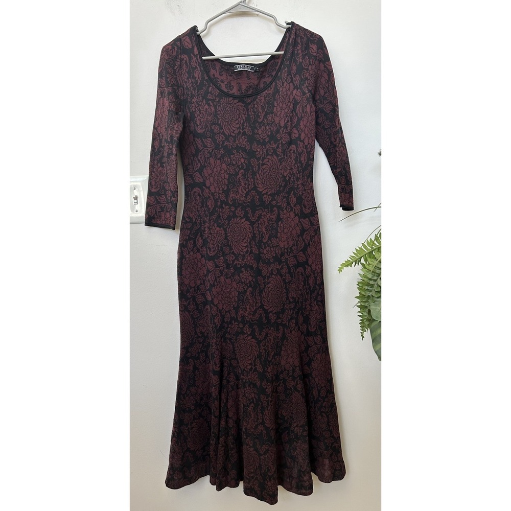 Peruvian Connection Pima Cotton Jacquard Knit Midi Dress Flare Hem Burgundy Sz M